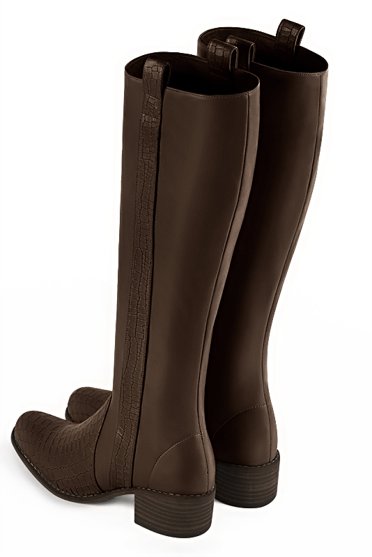 Dark brown women's riding knee-high boots. Round toe. Low leather soles. Made to measure. Rear view - Florence KOOIJMAN